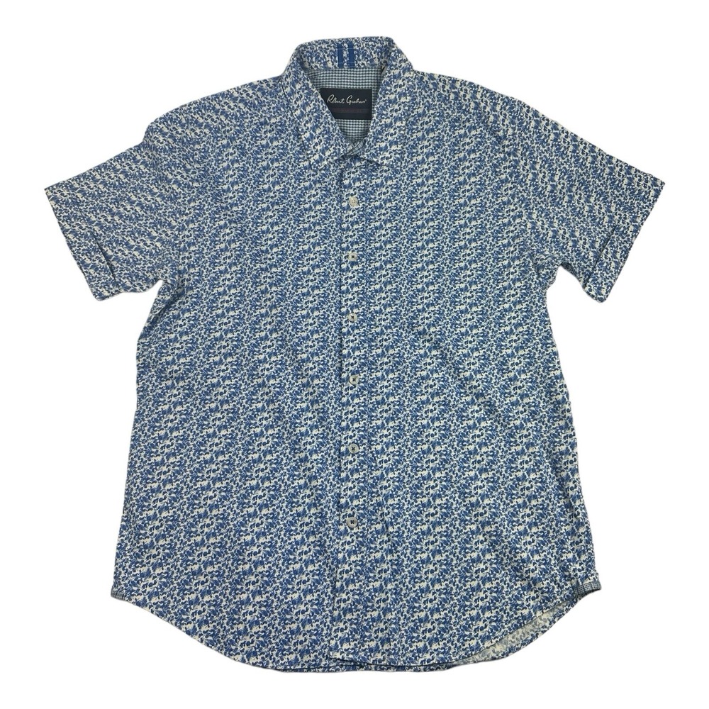 Robert Graham White Blue Paisley AOP Cotton Mens S/S Button Front Size L